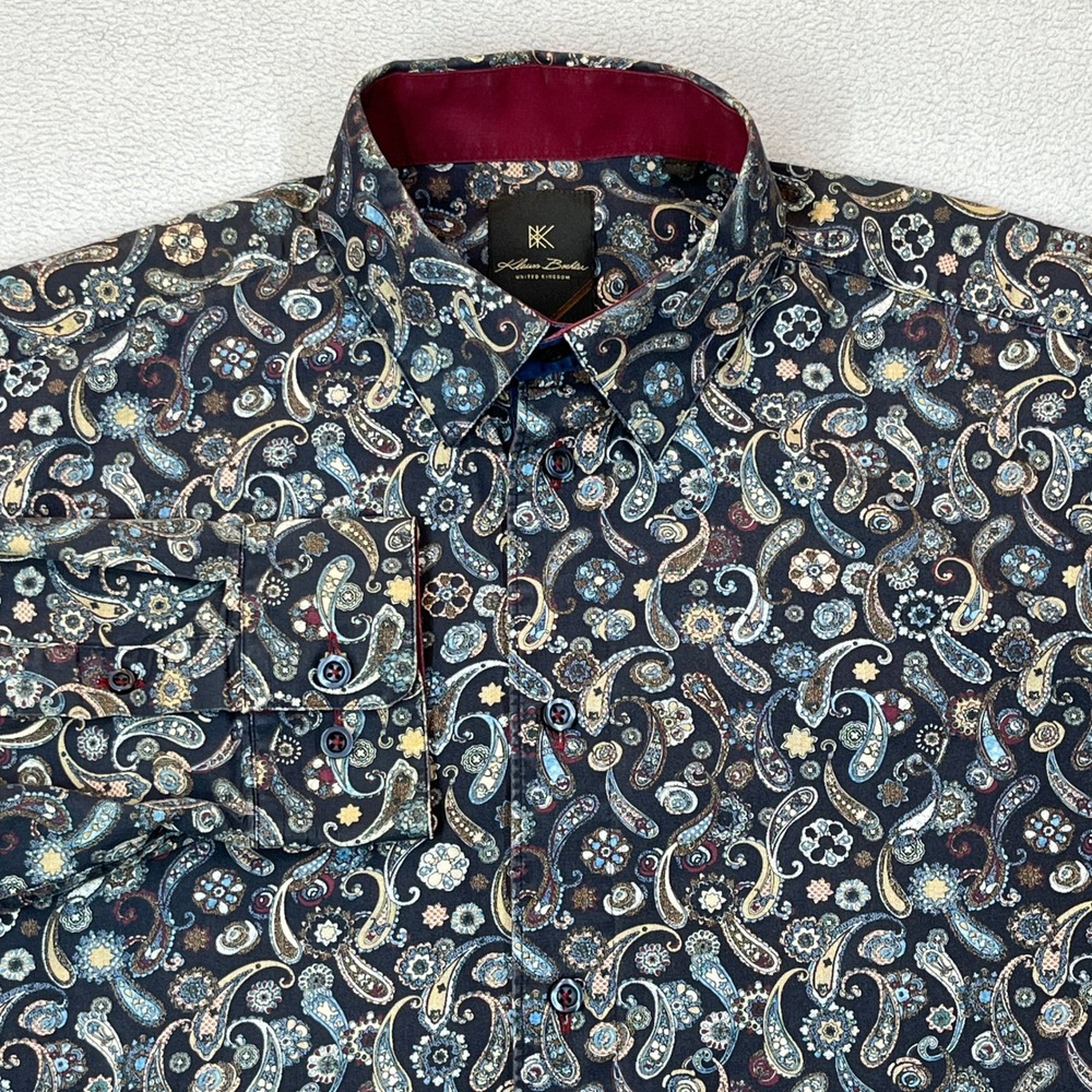 Klaus Boehler Mens Medium Paisley Button Down Shirt Navy Blue Long Sleeve UK